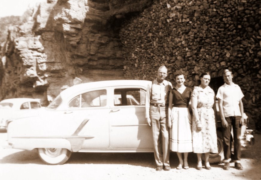 1956-03 George, Georgia, Mildred, and A.J. in front of Fox Cave